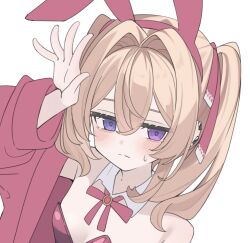  animal_ears arm_up bare_shoulders blonde_hair blush bow bowtie breasts closed_mouth detached_collar ear_piercing fake_animal_ears female hair_between_eyes hair_intakes highres jacket leotard long_hair long_sleeves looking_at_viewer naides09 neck_ribbon off_shoulder open_clothes open_jacket original piercing pink_jacket playboy_bunny purple_eyes rabbit_ears red_jacket red_leotard red_ribbon ribbon simple_background small_breasts solo strapless strapless_leotard sweatdrop twintails upper_body white_background 