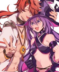  1boy aisha_landar bare_pectorals bare_shoulders closed_eyes coat elsword elsword_(character) female halterneck hat highres kat_0617 long_hair navel open_clothes open_coat open_mouth oz_sorcerer_(elsword) pectorals purple_eyes purple_hair purple_hat red_hair revealing_clothes rune_master_(elsword) short_sleeves teeth upper_body upper_teeth_only v white_background white_coat witch_hat 