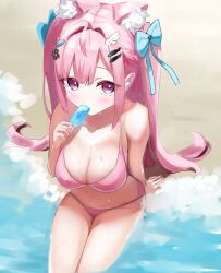  absurdres ahoge animal_ears bandaid bandaid_hair_ornament bare_shoulders beach bikini blush bow breasts cat_ears cat_girl cleavage commentary day eating extra_ears female fingernails fish_hair_ornament food hair_ornament hairbow hairclip heart heart_hair_ornament highres holding holding_food holding_popsicle indie_virtual_youtuber large_breasts long_hair looking_at_viewer nail_polish navel outdoors pink_bikini pink_eyes pink_hair pink_nails popsicle sand sitting solo soramame_(soramame8000) stomach swimsuit thighs upturned_eyes virtual_youtuber water wing_hair_ornament yuuki_sakuna 
