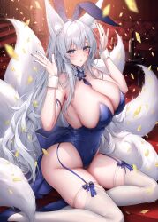  animal_ear_fluff animal_ears azur_lane back_bow blue_bow blue_leotard blue_shoes bow breasts cleavage covered_navel fake_animal_ears female fox_ears fox_girl fox_tail grey_hair hand_up highres huge_breasts leotard long_hair looking_at_viewer multiple_tails official_alternate_costume oyuwari parted_lips playboy_bunny rabbit_ears shinano_(azur_lane) shinano_(visions_of_fantasy)_(azur_lane) shoes sitting solo tail thighhighs very_long_hair white_thighhighs white_wrist_cuffs wrist_cuffs yokozuwari 