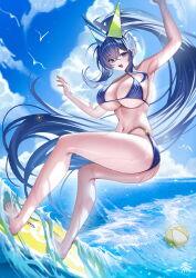  :d absurdres azur_lane bare_shoulders bikini blue_bikini blue_eyes blue_hair blue_sky blush breasts day female highres large_breasts long_hair navel new_jersey_(azur_lane) new_jersey_(midsummer_leisure)_(azur_lane) official_alternate_costume open_mouth outdoors ponytail sky smile solo surfing swimsuit tansuan_(ensj3875) thighs underboob water wet 