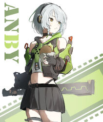  anby_demara aoiromya bare_shoulders black_choker black_skirt braid burger character_name choker cowboy_shot crop_top female food grey_hair headphones highres holding holding_burger holding_food long_sleeves midriff miniskirt navel pleated_skirt short_hair skirt solo standing stomach white_background zenless_zone_zero 