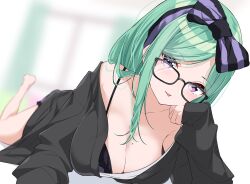  absurdres black_cardigan blurry blurry_background bow breasts cardigan cleavage commentary female glasses green_hair hairbow highres looking_at_viewer lying mole mole_on_breast on_stomach purple_eyes solo takeyabunora tongue tongue_out virtual_youtuber vspo! yakumo_beni 