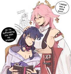  3girls :t absurdres animal_ears between_breasts breasts cleavage closed_mouth commentary detached_sleeves english_commentary english_text fox_ears fox_girl genshin_impact head_between_breasts highres japanese_clothes kimono kujou_sara long_hair multiple_girls nontraditional_miko open_mouth pink_hair purple_eyes purple_hair purple_kimono raiden_shogun shirt sleepy_kaslana sleeveless sleeveless_shirt twitter_username white_shirt white_sleeves yae_miko 