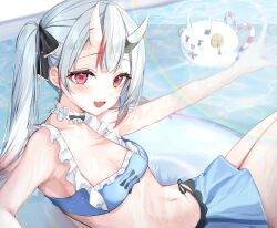  armpits bikini bikini_skirt black_bow black_ribbon blue_bikini blush bow bow_choker choker commentary_request cowboy_shot double-parted_bangs eyelashes female floating frilled_bikini frilled_choker frills grey_hair hair_ribbon highres hololive horns iruka3 l_hand lens_flare long_hair looking_at_viewer microskirt multicolored_hair nakiri_ayame navel oerba_yun_fang on_innertube oni open_mouth outstretched_arm pool poyoyo_(nakiri_ayame) red_eyes red_hair ribbon side_ponytail skin-covered_horns skin_fang skirt smile solo sparkling_eyes stomach streaked_hair swimsuit virtual_youtuber water wet white_choker 