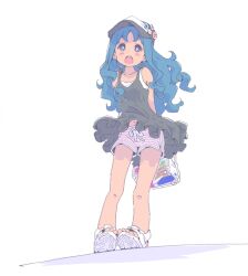 blue_eyes blue_hair blush female hat highres karaagetarou long_hair open_mouth original panties shorts solo standing striped_clothes striped_panties tank_top underwear 