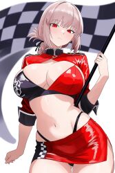  bamboo_tac bikini black_bikini blush braid braided_ponytail breasts checkered_flag cleavage fate/grand_order fate_(series) female flag florence_nightingale_(fate) folded_ponytail highleg highleg_bikini highres large_breasts long_hair long_sleeves looking_at_viewer miniskirt multicolored_bikini navel pencil_skirt pink_hair race_queen red_bikini red_eyes red_shrug red_skirt sidelocks skirt solo swimsuit thighs two-tone_bikini 