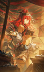  animal_ears arknights bare_shoulders black_shorts black_sports_bra blush brown_headband crossed_bangs detached_sleeves female hair_between_eyes headband helen_zzhao highres horse_ears horse_girl horse_tail long_hair looking_at_viewer narantuya_(arknights) navel parted_lips ponytail reaching reaching_towards_viewer red_hair short_shorts shorts smile solo sports_bra stomach sword tail thigh_strap weapon white_sleeves 