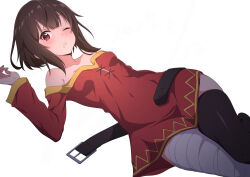  asymmetrical_legwear bandaged_leg bandages belt black_belt black_thighhighs blush breasts brown_hair covered_navel dress drooling feet_out_of_frame female highres kono_subarashii_sekai_ni_shukufuku_wo! long_sleeves looking_at_viewer lying megumin mismatched_legwear mouth_drool nishizuki_shino no_headwear off-shoulder_dress off_shoulder one_eye_closed open_belt parted_lips red_dress red_eyes short_hair single_thighhigh small_breasts solo thighhighs white_background 