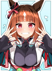  absurdres animal_ears black_gloves black_shirt blue_background breasts brown_hair female fingerless_gloves glasses gloves grin hands_up heart highres holding holding_removed_eyewear horse_ears large_breasts looking_at_viewer multicolored_hair outline red-framed_eyewear red_eyes shi_(kamokamo910) shirt smile solo streaked_hair textless_version transcend_(umamusume) umamusume unworn_eyewear upper_body white_hair white_outline 