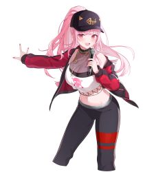  absurdres black_hat black_pants breasts crop_top female gold_necklace hat highres holding holding_microphone hololive hololive_english jacket jewelry large_breasts long_hair long_sleeves microphone midriff mori_calliope mori_calliope_(streetwear) navel necklace open_clothes open_jacket open_mouth pants pink_eyes pink_hair pink_nails ponytail see-through_cleavage see-through_clothes smile solo tank_top virtual_youtuber wellsy white_tank_top 