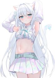  animal_ear_fluff animal_ears aqua_eyes aqua_ribbon armpits arms_behind_head arms_up belt belt_buckle blush breast_ribbon buckle cat_ears cat_girl cat_tail character_request chest_belt closed_mouth collared_shirt commentary commission copyright_request cowboy_shot crop_top cropped_shirt detached_sleeves female frilled_shirt frills green_belt hair_intakes highres iruka3 key light_frown linea_alba long_hair long_sleeves looking_at_viewer loose_belt miniskirt navel pleated_skirt ribbon shirt simple_background skeb_commission skirt solo standing stomach tail very_long_hair wallet_chain white_background white_belt white_hair white_shirt white_skirt wing_collar 