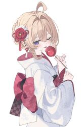  ;p ahoge blonde_hair blush candy_apple female flower food hair_between_eyes hair_bun hair_flower hair_intakes hair_ornament highres holding holding_food japanese_clothes kimono long_sleeves looking_at_viewer naides09 obi one_eye_closed original print_kimono purple_eyes red_flower sash simple_background solo tassel tongue tongue_out white_background white_kimono wide_sleeves 