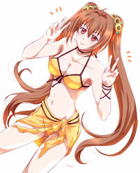  ahoge artist_name bikini breasts brown_hair cleavage double-parted_bangs double_v eiyuu_densetsu estelle_bright female front-tie_bikini_bottom front-tie_bikini_top front-tie_top hair_between_eyes hair_intakes hajimari_no_kiseki large_breasts long_hair looking_at_viewer navel red_eyes simple_background smile solo stomach swimsuit twintails v very_long_hair white_background xiacheng_tatsuya yellow_bikini 
