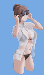  absurdres bikini bikini_under_clothes black_bikini blue_background blue_eyes breasts bridget:_ardeo_(pgr) bridget_(pgr) brown_hair chinese_commentary cleavage closed_mouth collared_shirt commentary_request cropped_legs eyewear_on_head female fishmanblue hair_between_eyes hair_bun hands_up highres large_breasts looking_at_viewer navel partially_unbuttoned punishing:_gray_raven round_eyewear see-through_clothes see-through_shirt shirt short_sleeves sidelocks simple_background smile solo standing stomach sunglasses swimsuit swimsuit_under_clothes white_shirt 