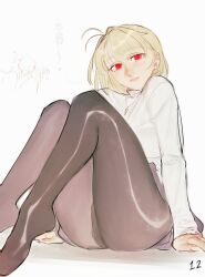  1boy ahoge arcueid_brunestud ass black_pantyhose blonde_hair blue_skirt couple feet female highres huge_ass jewelry leodot looking_at_viewer necklace on_floor pantyhose red_eyes short_hair sitting skirt smile sweater thick_thighs thighs tohno_shiki translation_request tsukihime tsukihime_(remake) turtleneck turtleneck_sweater 