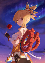  absurdres arm_tattoo aurora bandaged_arm bandaged_leg bandages bare_shoulders blonde_hair breasts chest_sarashi choker female fireworks flower_tattoo from_side genshin_impact hair_ornament highres holding_candy_apple japanese_clothes kimono large_breasts long_hair looking_at_viewer night orange_kimono ponytail red_choker sarashi smile solo_focus summer_festival tattoo user_tsyt4588 yellow_eyes yoimiya_(genshin_impact) 