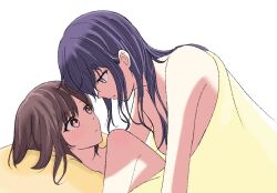  2girls asahina_mafuyu brown_eyes brown_hair closed_mouth commentary_request long_hair looking_at_another multiple_girls nude project_sekai purple_eyes purple_hair shinonome_ena simple_background torakwok under_covers white_background yuri 