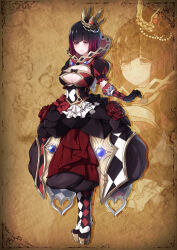  absurdres alice&#039;s_adventures_in_wonderland asymmetrical_footwear black_gloves black_hair black_shoes breasts brown_background commentary_request crown dress female full_body gloves gradient_hair heart highres large_breasts lips looking_at_viewer multicolored_hair puffy_short_sleeves puffy_sleeves queen_of_hearts_(alice_in_wonderland) red_eyes red_hair shoes short_sleeves standing takatun223 zoom_layer 
