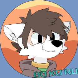  absurd_res bokoru brown_hair canid canine canis clothing collar hair hi_res hoodie human human_wolf_hybrid hybrid inner_ear_fluff male mammal shirt snaggle_tooth snout solo toony topwear tuft wolf 