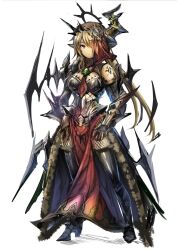  armor black_boots blonde_hair boots breasts cleavage closed_mouth commentary_request crystal expressionless female full_body gauntlets greyscale hair_over_one_eye halo horns long_hair looking_at_viewer monochrome orange_eyes original pelvic_curtain pointy_ears rudia side_slit simple_background single_horn solo thigh_boots very_long_hair white_background 
