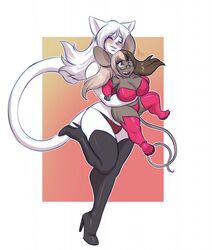  anthro aura_(bornvictim) black_clothing black_legwear black_thigh_boots black_thigh_highs blush boots clothing corset digital_media_(artwork) domestic_cat duo eyewear felid feline felis female footwear glasses hi_res high_heeled_boots high_heels hug latex lavenderpandy legwear lingerie mammal mouse murid murine rodent shoes standing terri_(lavenderpandy) thigh_boots thigh_highs topwear wide_hips 