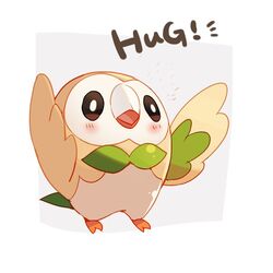  beak blush commentary_request english_text looking_at_another no_humans open_mouth pokemon pokemon_(creature) rowlet simple_background solo spread_wings tail tekki_(tki) 