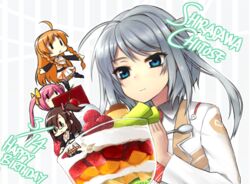  4girls ahoge character_name chibi commentary_request culture_japan dated food fruit happy_birthday hoshikawa_kanata ice_cream melon multiple_girls own_hands_clasped own_hands_together parfait pudding shirasawa_chitose smile spoon strawberry suenaga_haruka suenaga_mirai uniform youryokuso_(chlorophyll) 