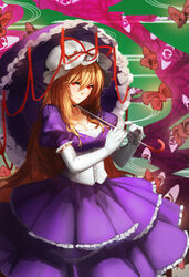  blonde_hair breasts choker cleavage collarbone commentary_request corset dress egasumi elbow_gloves female frilled_dress frills gap_(touhou) gloves green_background hands hat hat_ribbon highres layered_dress light long_hair looking_at_viewer medium_breasts mob_cap nose orokanahime puffy_short_sleeves puffy_sleeves purple_dress purple_eyes red_eyes ribbon short_sleeves smile solo touhou umbrella very_long_hair white_gloves yakumo_yukari 