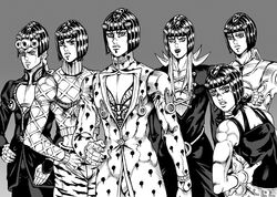  6+boys animal_print araki_hirohiko_(style) bob_cut braid bruno_bucciarati collective-mind commentary_request giorno_giovanna gradient_background grey_background greyscale guido_mista hair_ornament hairclip hand_on_own_hip jojo_no_kimyou_na_bouken leone_abbacchio lipstick makeup monochrome multiple_boys narancia_ghirga necktie pannacotta_fugo pectoral_cleavage pectorals photoshop_(medium) tiger_print vento_aureo wig 