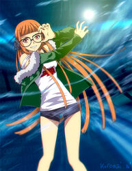  behind-the-head_headphones commentary female fur-trimmed_jacket fur_trim glasses green_jacket headphones jacket kuromai long_hair orange_hair persona persona_5 photoshop_(medium) sakura_futaba solo 