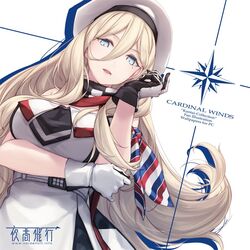  bare_shoulders belt beret blonde_hair blue_eyes breast_hold breasts commentary_request compass_rose dress female gloves hair_between_eyes hand_on_own_elbow hat head_tilt kantai_collection large_breasts long_hair looking_at_viewer mole mole_under_eye mole_under_mouth multicolored_clothes multicolored_dress multicolored_gloves multicolored_scarf open_mouth richelieu_(kancolle) rokuwata_tomoe scarf sidelocks simple_background smile solo strapless strapless_dress upper_body white_background 