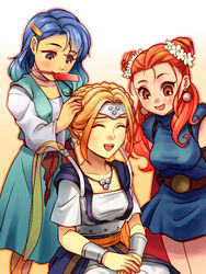  3girls :d alternate_hairstyle barbara_(dq6) blonde_hair blue_eyes blue_hair blush bracelet braid breasts circlet closed_eyes comb commentary_request cone_hair_bun double_bun dragon_quest dragon_quest_vi dress hair_bun hair_ornament hair_up hairclip hairdressing haruhito_(pixiv56745) jewelry medium_breasts mireyu mouth_hold multiple_girls necklace open_mouth red_eyes red_hair short_dress smile tania_(dq6) 