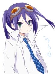  commentary_request female goggles goggles_on_head green_eyes ica kyousougiga lowres necktie professor_shouko solo twintails 