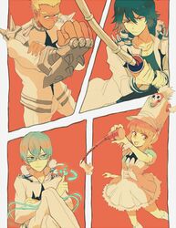  3boys bad_id bad_tumblr_id blonde_hair blue_hair conductor_baton female foreshortening gamagoori_ira glasses green_hair gyoe hat inumuta_houka jakuzure_nonon kill_la_kill multiple_boys pink_hair sanageyama_uzu shako_cap shinai sidelocks sword tassel uniform weapon 