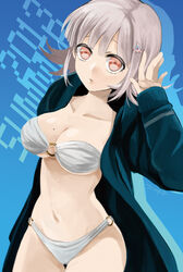  bad_id bad_pixiv_id black_jacket blue_background breasts brown_eyes cleavage collarbone commentary_request danganronpa_(series) danganronpa_2:_goodbye_despair dated feet_out_of_frame female flipped_hair galaga grey_hair hair_ornament hairclip hand_in_own_hair hood hoodie jacket large_breasts looking_at_viewer medium_hair mole mole_on_breast nanami_chiaki navel open_mouth photoshop_(medium) short_hair simple_background solo suzuka_(rekkyo) swimsuit 