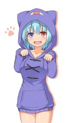  :d animal_hood blue_eyes blue_hair blush cat_hood commentary_request cowboy_shot eyebrows female garasuita heterochromia highres hood hoodie long_sleeves open_mouth paw_pose red_eyes shiny_skin short_hair simple_background smile solo standing tatara_kogasa thighs touhou white_background 