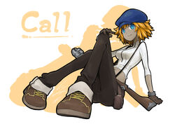  black_pants blonde_hair blue_eyes blue_hat brown_footwear brown_gloves cabbie_hat call_(red_ash) character_name closed_mouth colored_skin commentary_request crop_top female full_body gloves grey_skin gun hat highres io_naomichi leaning leaning_back long_sleeves navel pants platform_footwear pouch red_ash rifle shirt shoes short_hair silhouette sitting smile solo stomach suspenders turtleneck weapon white_shirt 