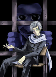  1boy ao_oni black_eyes blue_eyes chair commentary_request grey_hair hiroshi_(ao_oni) key looking_at_viewer scarf short_hair sitting tarou_(you-0512) the_oni_(ao_oni) 