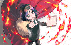  1boy black_hair black_necktie book cape character_name commentary_request fate/grand_order fate/zero fate_(series) fire from_above holding holding_book index_finger_raised looking_at_viewer male_focus necktie open_book open_mouth pointing pointing_at_viewer red_cape simple_background solo sweater tamaki_mitsune teeth waver_velvet white_background 