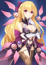  bad_id bad_pixiv_id bare_shoulders blonde_hair breast_hold breasts brown_thighhighs cleavage clothing_cutout dark_persona female finger_to_mouth gloves hair_ribbon half_updo heart_cutout jokerace03 large_breasts long_hair looking_at_viewer navel navel_cutout nepnep_connect:_chaos_chanpuru neptune_(series) overskirt pelvic_curtain purple_eyes ribbon sleeveless smile solo thighhighs vert_(chaos_form) vert_(neptunia) very_long_hair 