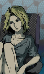  bad_id bad_pixiv_id blonde_hair blue_eyes breasts chair cleavage collarbone female grey_shirt hair_intakes indoors legs lips looking_away medium_breasts on_chair original patterned_background shiroton_(kazamineko) shirt short_hair short_sleeves sitting solo thighs 