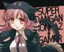  animal_ears bad_id bad_pixiv_id bent_over black_hoodie breasts brown_eyes brown_skirt cat_ears cat_tail commentary_request danganronpa_(series) danganronpa_2:_goodbye_despair female flipped_hair galaga hair_ornament hairclip hood hoodie large_breasts looking_at_viewer medium_hair nanami_chiaki open_mouth photoshop_(medium) pink_eyes pink_hair pink_ribbon pleated_skirt ribbon skirt solo suzuka_(rekkyo) tail upper_body 