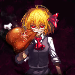  ahoge ascot biting blonde_hair bobomaster bone boned_meat commentary_request eating fangs female food food_in_mouth grin hair_ribbon looking_at_viewer meat open_collar photoshop_(medium) red_eyes ribbon rumia short_hair skirt slit_pupils smile solo touhou vest 