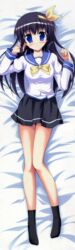  absurdres bed_sheet black_hair blue_eyes blush dakimakura_(medium) female from_above full_body highres himehagi_sakumi legs looking_at_viewer lying on_back on_bed on_stomach onsokuzekuu school_uniform secret_game skirt solo 