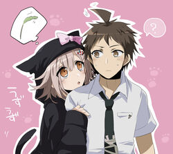  1boy ? ahoge animal_ears animal_hands bad_id bad_pixiv_id black_hoodie black_necktie blush bow brown_eyes brown_hair cat_paws cat_tail closed_mouth commentary_request danganronpa_(series) danganronpa_2:_goodbye_despair ear_ribbon female flipped_hair galaga grabbing hair_ornament hairclip hinata_hajime hood hoodie looking_at_another medium_hair nanami_chiaki necktie open_mouth photoshop_(medium) pink_background pink_hair pink_ribbon ribbon school_uniform shirt short_hair straight suzuka_(rekkyo) tail thought_bubble translation_request white_shirt 