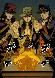  3boys araki_hirohiko_(style) aura black_hair blue_eyes chains collective-mind commentary_request diamond_wa_kudakenai earrings gakuran glowing hat jewelry jojo_no_kimyou_na_bouken kujo_jotaro long_coat male_focus multiple_boys multiple_persona photoshop_(medium) praying purple_hair school_uniform stardust_crusaders starfish stone_ocean table turtleneck 