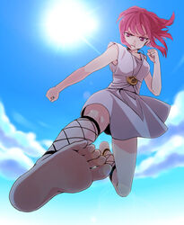  ankle_lace-up bad_id bad_pixiv_id barefoot cross-laced_footwear dress feet female fighting_stance foot_focus foreshortening highres inazuma_kick jewelry kicking magi_the_labyrinth_of_magic medallion morgiana pendant photoshop_(medium) puffy_cheeks red_eyes red_hair satou_iruno soles solo toes upskirt white_dress 