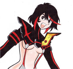  black_eyes black_hair breasts commentary_request crossover cutie_honey devilman eyelashes female kill_la_kill matoi_ryuuko medium_breasts midriff multicolored_hair nagai_gou_(style) open_mouth parody red_hair retro_artstyle revealing_clothes senketsu serious short_hair simple_background solo streaked_hair style_parody suspenders tanaka_keiichi two-tone_hair underboob white_background 