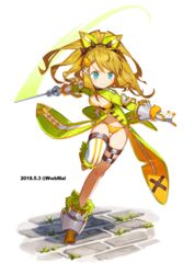  :3 asymmetrical_legwear bad_id bad_pixiv_id blonde_hair blue_eyes blush boots breasts closed_mouth commentary female full_body gloves green_jacket green_ribbons hair_ribbon highres holding holding_sword holding_weapon jacket long_hair navel orange_panties original outstretched_arms panties ponytail ribbon sidelocks single_thighhigh small_breasts solo standing standing_on_one_leg sword symbol-only_commentary thighhighs tiara underwear uneven_legwear v-shaped_eyebrows weapon white_background white_gloves white_legwear yai_(hachihito) 